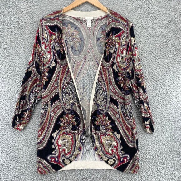 Chicos Sweater Womens 2 US Large Red Multi Batik Floral Open Cardigan Stretch - Picture 1 of 9